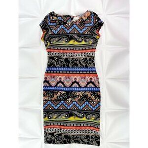 Beige by ECI Sz 6 Colorful Striped Paisley Print Stretchy Shift Midi Dress s